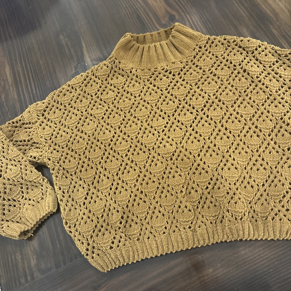 POL Openwork Chenille Knit Crochet Mock Neck Sweater Yellow Mustard Gold Size S